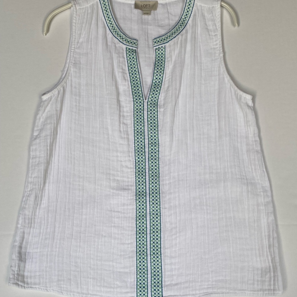 LOFT White Sleeveless Top with Blue & Green Trim